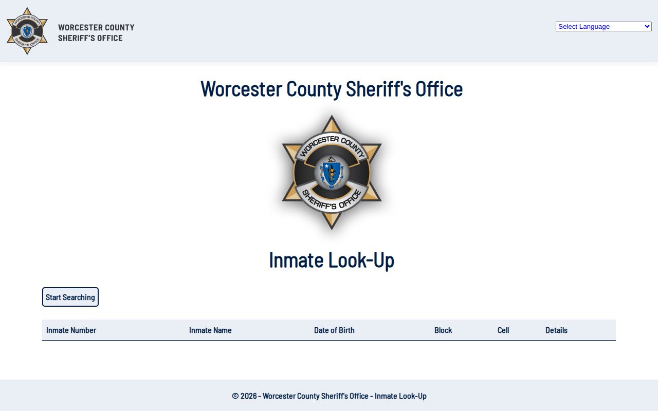 Blank Worcester County inmate lookup and roster search fields