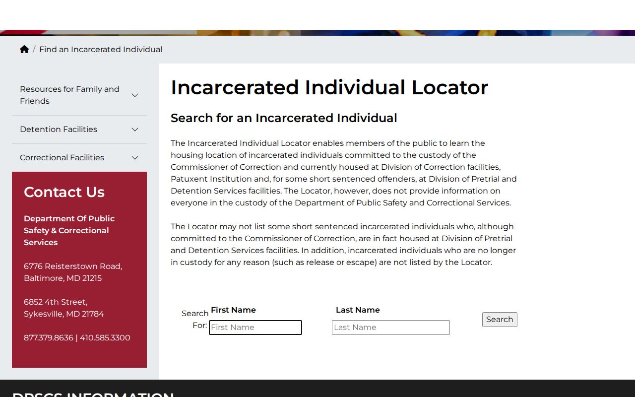Maryland DPSCS incarcerated individual locator interface