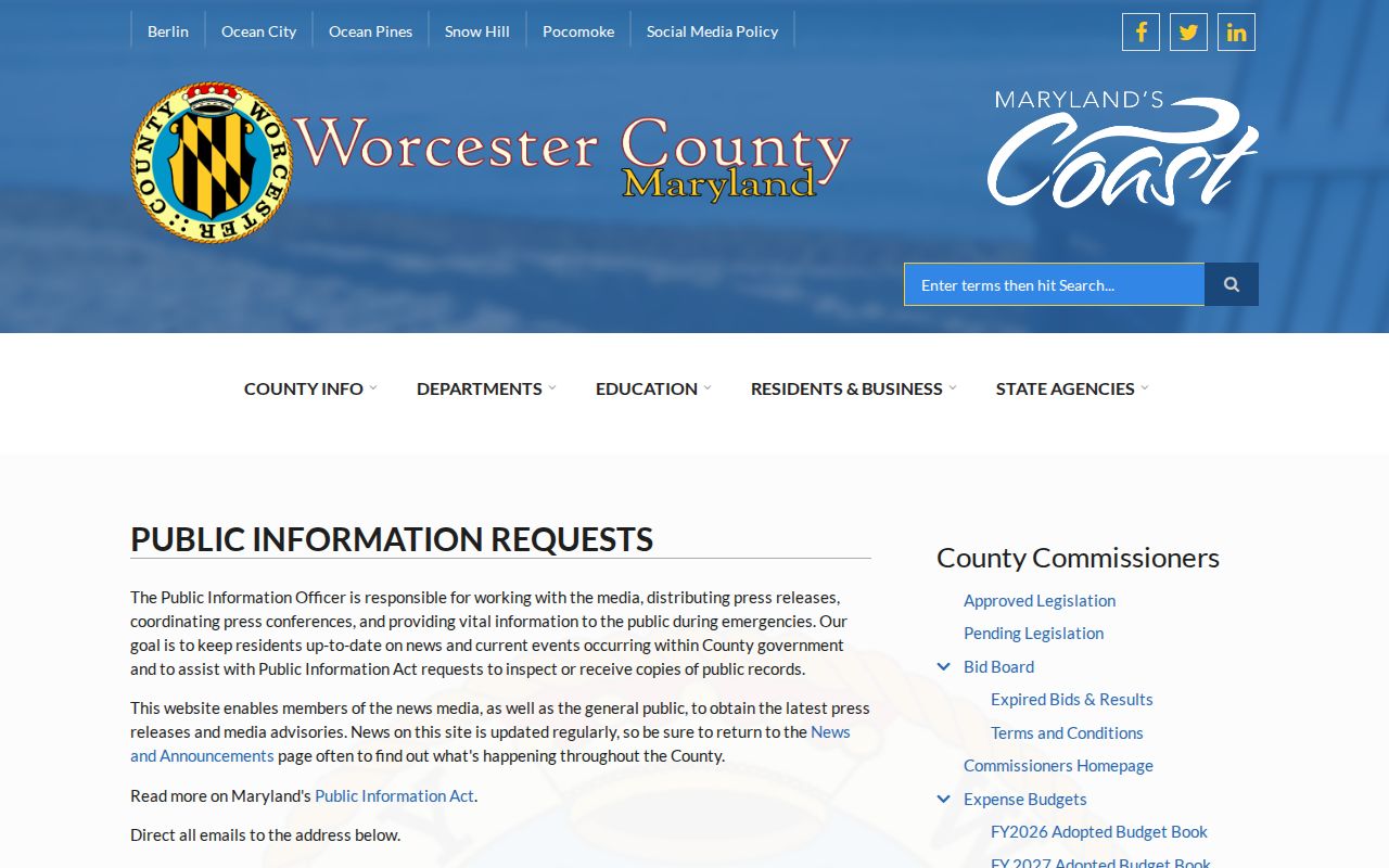 Worcester County public information request contact page