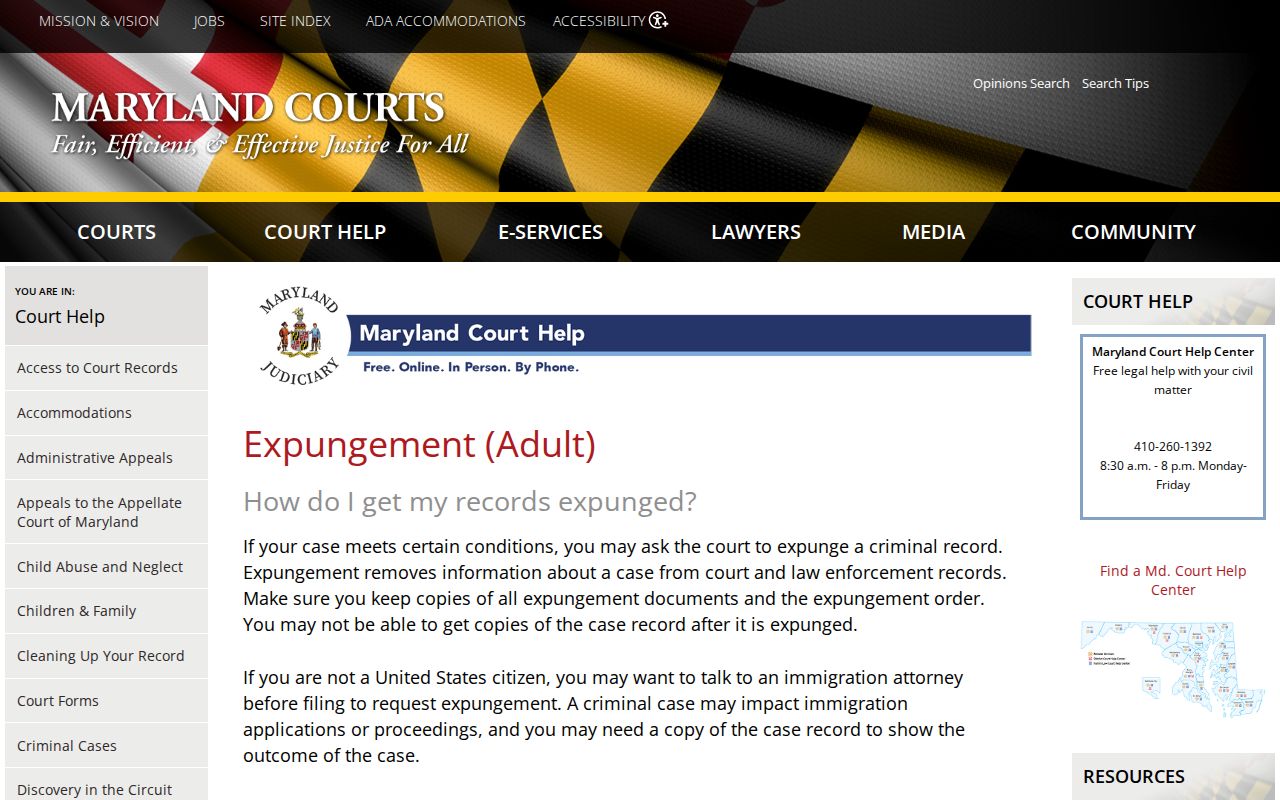 Maryland Judiciary expungement form and fee guidance
