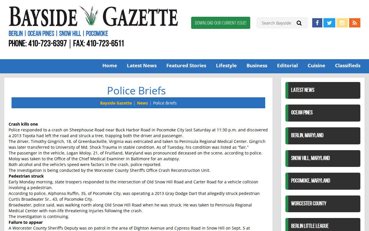 Bayside Gazette irregular Worcester County police blotter archive